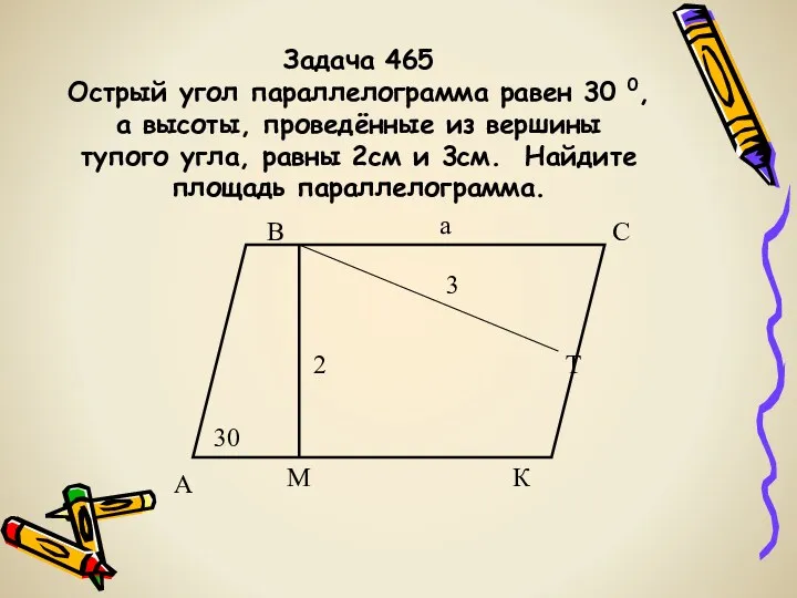 Задача 465 Острый угол параллелограмма равен 30 0, а высоты, проведённые из вершины