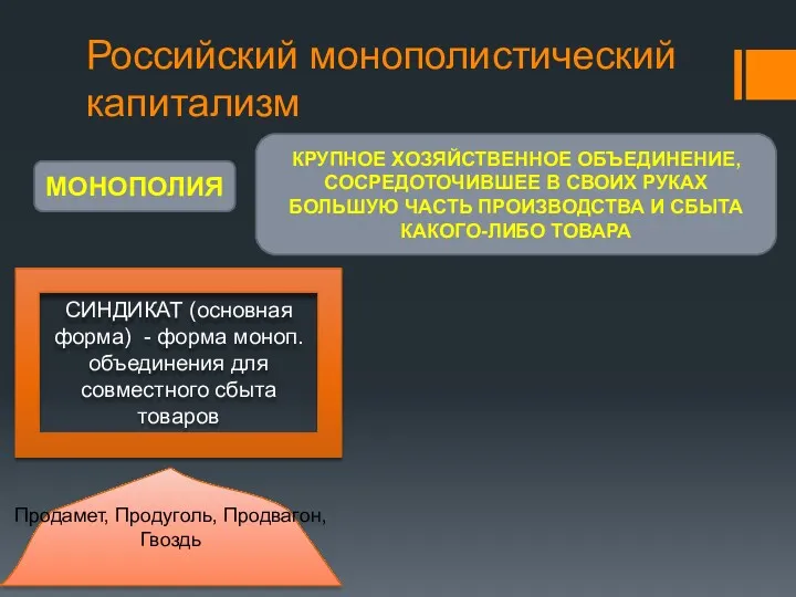 Российский монополистический капитализм МОНОПОЛИЯ КРУПНОЕ ХОЗЯЙСТВЕННОЕ ОБЪЕДИНЕНИЕ, СОСРЕДОТОЧИВШЕЕ В СВОИХ