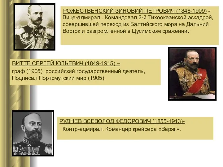 РОЖЕСТВЕНСКИЙ ЗИНОВИЙ ПЕТРОВИЧ (1848-1909) - Вице-адмирал . Командовал 2-й Тихоокеанской