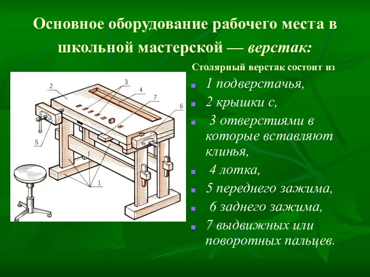 Основное оборудование рабочего места в школьной мастерской — верстак: Столярный