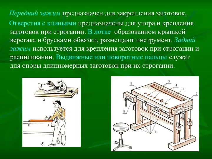 Передний зажим предназначен для закрепления заготовок, Отверстия с клиньями предназначены