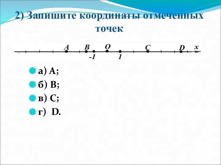 2) Запишите координаты отмеченных точек а) А; б) В; в) С; г) D.