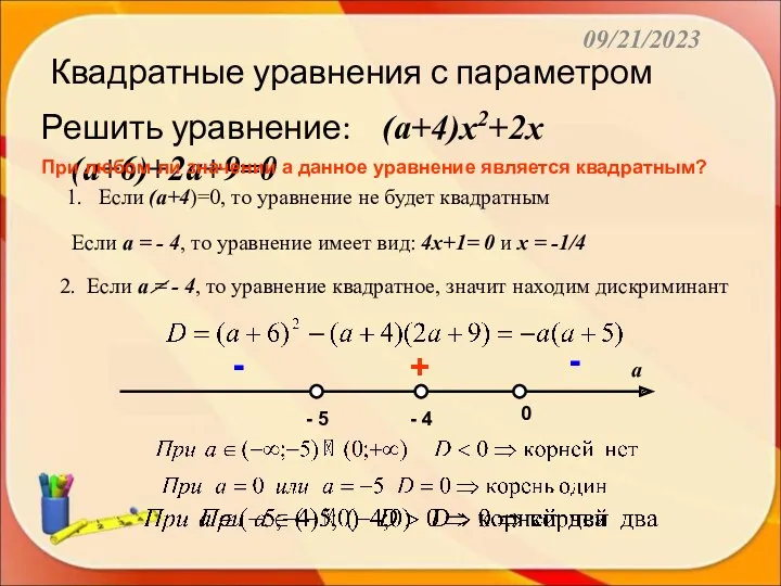 09/21/2023 Квадратные уравнения с параметром Решить уравнение: (а+4)х2+2х(а+6)+2а+9=0 1. Если