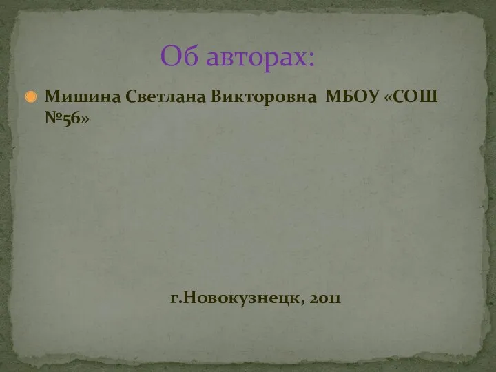 Мишина Светлана Викторовна МБОУ «СОШ №56» г.Новокузнецк, 2011 Об авторах: