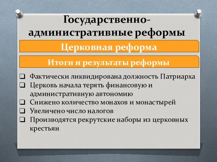 Государственно-административные реформы Церковная реформа Итоги и результаты реформы Фактически ликвидирована