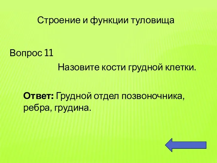 Вопрос 11 Строение и функции туловища Назовите кости грудной клетки. Ответ: Грудной отдел позвоночника, ребра, грудина.