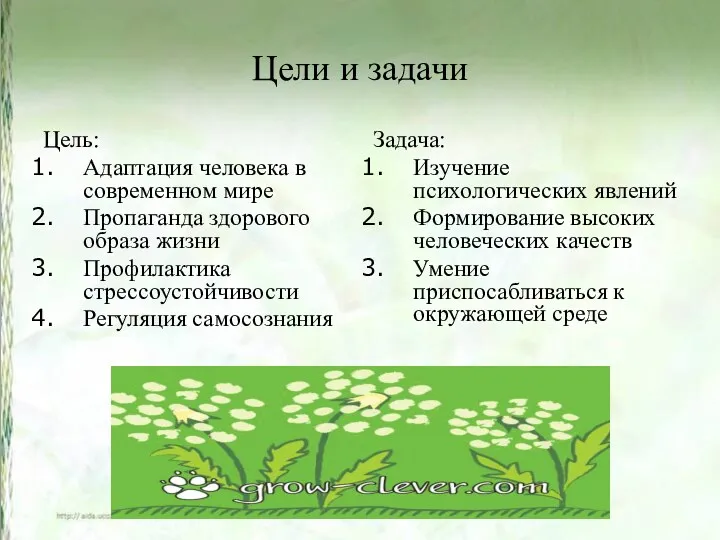 Цели и задачи Цель: Адаптация человека в современном мире Пропаганда