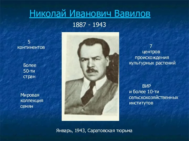Николай Иванович Вавилов 1887 - 1943 5 континентов 7 центров происхождения культурных растений