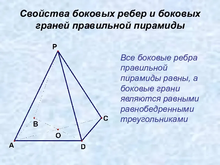Свойства боковых ребер и боковых граней правильной пирамиды Все боковые ребра правильной пирамиды