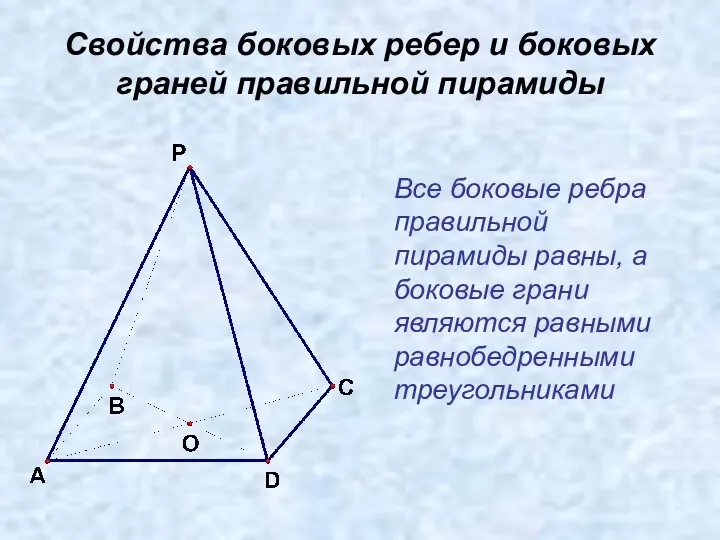 Свойства боковых ребер и боковых граней правильной пирамиды Все боковые