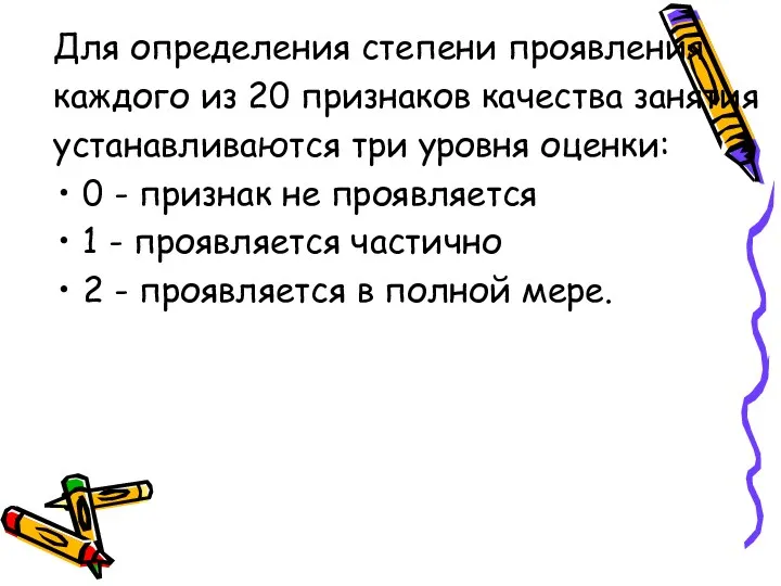 Для определения степени проявления каждого из 20 признаков качества занятия