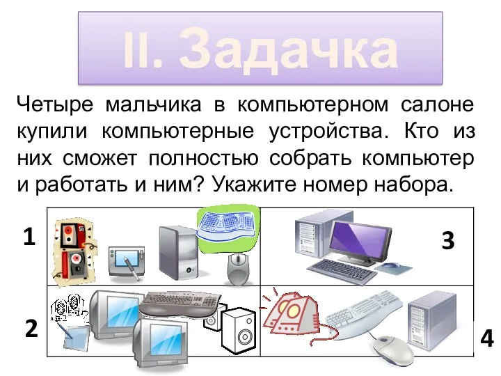 Четыре мальчика в компьютерном салоне купили компьютерные устройства. Кто из