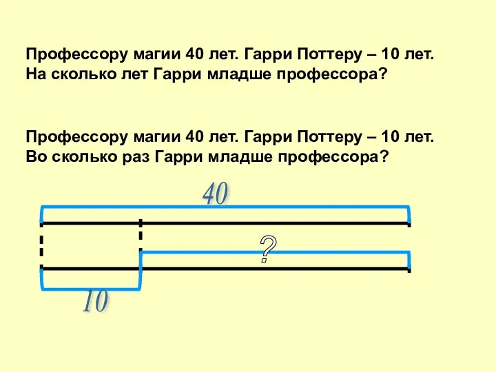 Профессору магии 40 лет. Гарри Поттеру – 10 лет. На