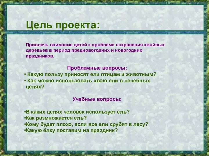 Цель проекта: Привлечь внимание детей к проблеме сохранения хвойных деревьев в период предновогодних