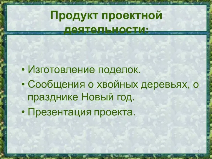 Продукт проектной деятельности: Изготовление поделок. Сообщения о хвойных деревьях, о празднике Новый год. Презентация проекта.