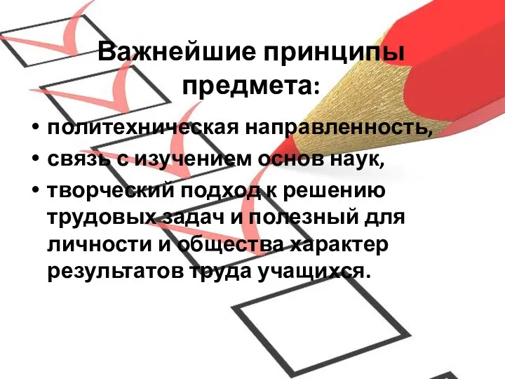 Важнейшие принципы предмета: политехническая направленность, связь с изучением основ наук,