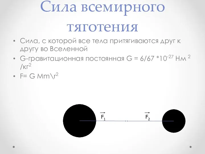 Сила всемирного тяготения Сила, с которой все тела притягиваются друг