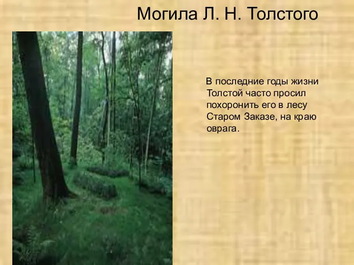 Могила Л. Н. Толстого В последние годы жизни Толстой часто