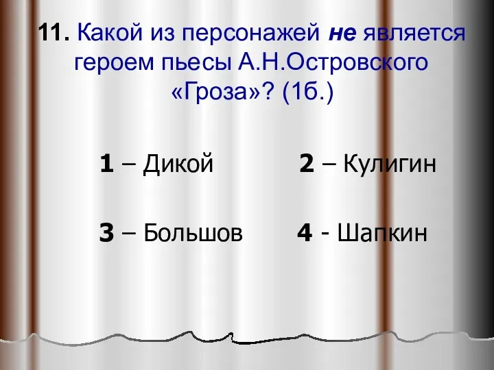 11. Какой из персонажей не является героем пьесы А.Н.Островского «Гроза»?