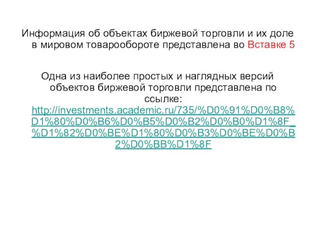 Информация об объектах биржевой торговли и их доле в мировом