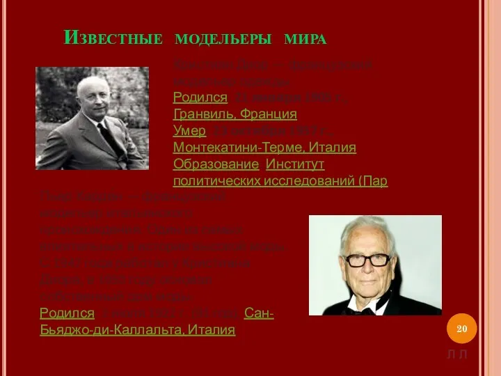 Известные модельеры мира Кристиан Диор — французский модельер одежды. Родился: