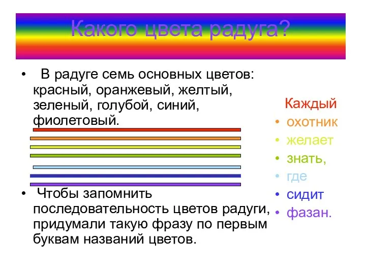 Какого цвета радуга? Каждый охотник желает знать, где сидит фазан. В радуге семь