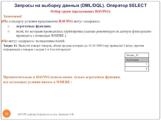 Запросы на выборку данных (DML/DQL). Оператор SELECT Отбор групп (предложение