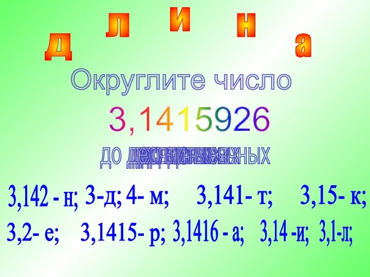 3,1415926 Округлите число до целых 4- м; 3,141- т; 3,15-