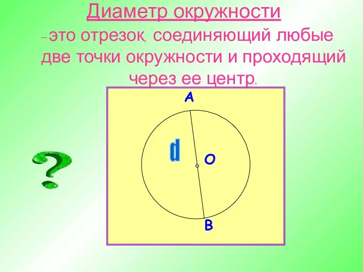 Диаметр окружности -это отрезок, соединяющий любые две точки окружности и