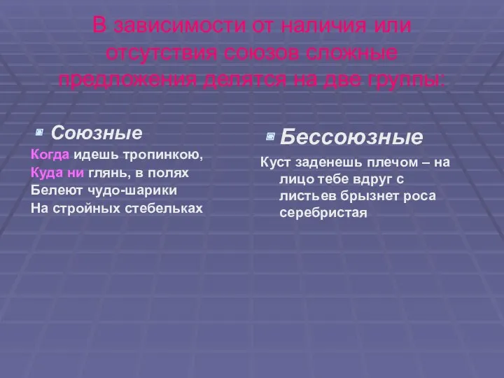 В зависимости от наличия или отсутствия союзов сложные предложения делятся