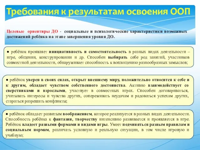 Требования к результатам освоения ООП ● ребёнок проявляет инициативность и