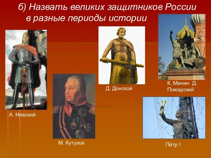 б) Назвать великих защитников России в разные периоды истории А.