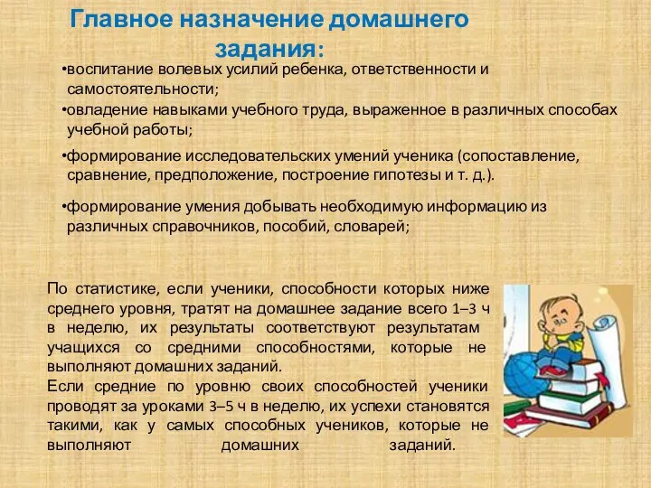 Главное назначение домашнего задания: По статистике, если ученики, способности которых