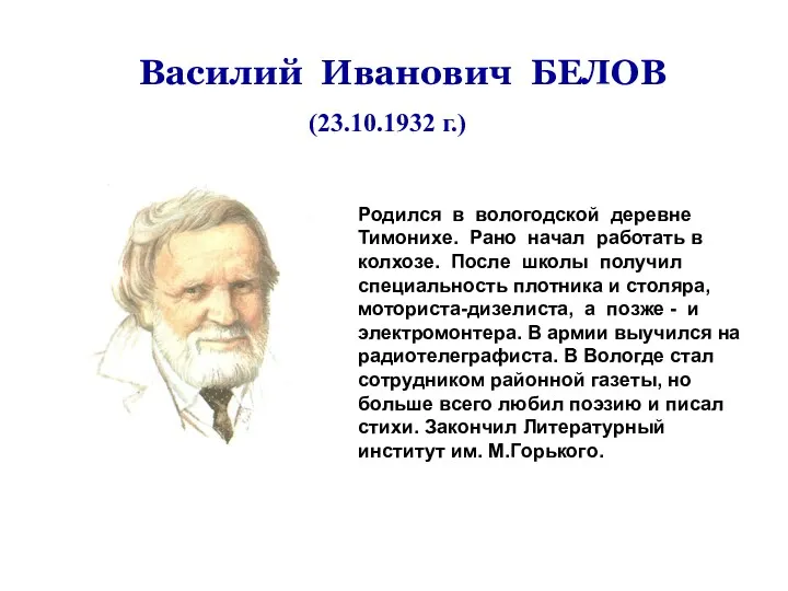 Василий Иванович БЕЛОВ (23.10.1932 г.) Родился в вологодской деревне Тимонихе. Рано начал работать