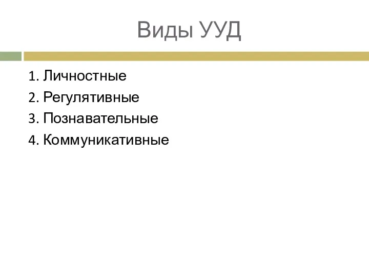 Виды УУД 1. Личностные 2. Регулятивные 3. Познавательные 4. Коммуникативные