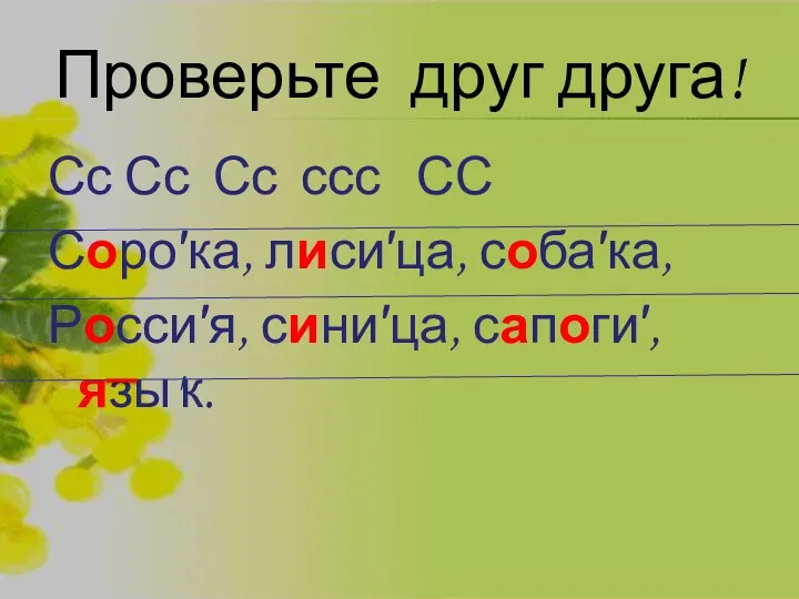 Проверьте друг друга! Сс Сс Сс ссс СС Соро′ка, лиси′ца, соба′ка, Росси′я, сини′ца, сапоги′, язы'к.