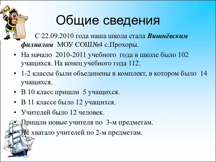 Общие сведения С 22.09.2010 года наша школа стала Вишнёвским филиалом