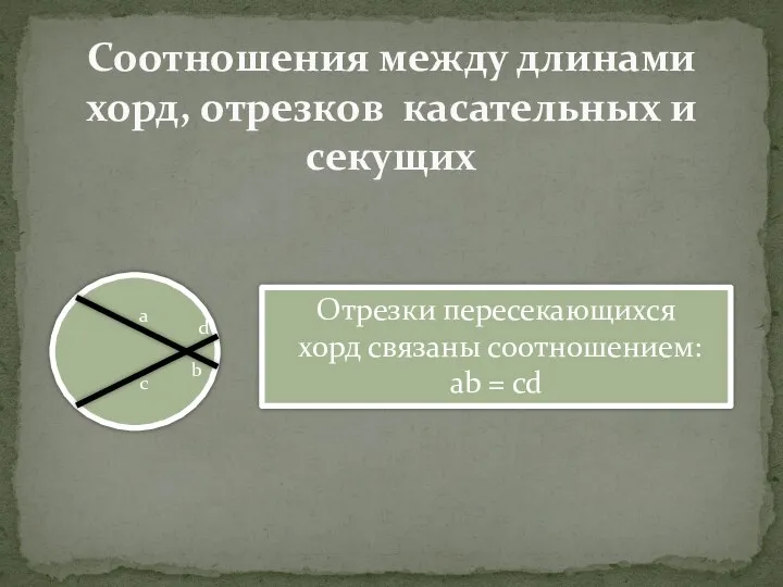 Соотношения между длинами хорд, отрезков касательных и секущих Отрезки пересекающихся хорд связаны соотношением: ab = cd