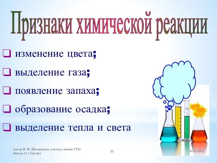 Признаки химической реакции изменение цвета; выделение газа; появление запаха; образование