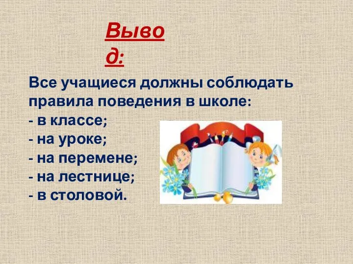 Вывод: Все учащиеся должны соблюдать правила поведения в школе: -