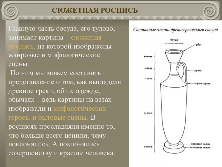 Главную часть сосуда, его тулово, занимает картина – сюжетная роспись,