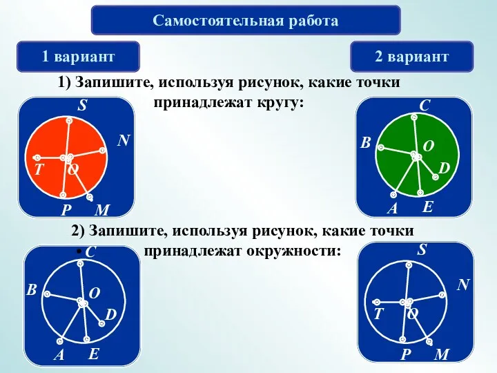 Самостоятельная работа 1 вариант 2 вариант 1) Запишите, используя рисунок, какие точки принадлежат