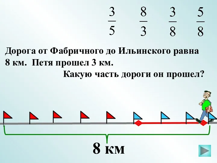 Дорога от Фабричного до Ильинского равна 8 км. Петя прошел 3 км. Какую