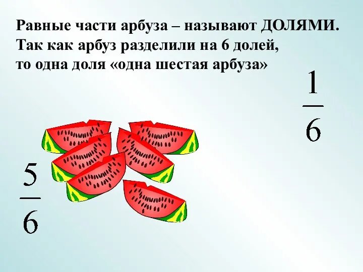 Равные части арбуза – называют ДОЛЯМИ. Так как арбуз разделили на 6 долей,