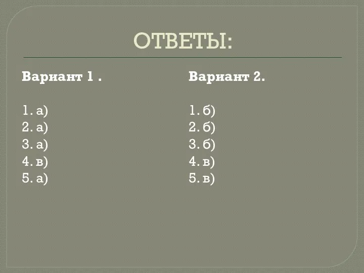 ОТВЕТЫ: Вариант 1 . 1. а) 2. а) 3. а) 4. в) 5.