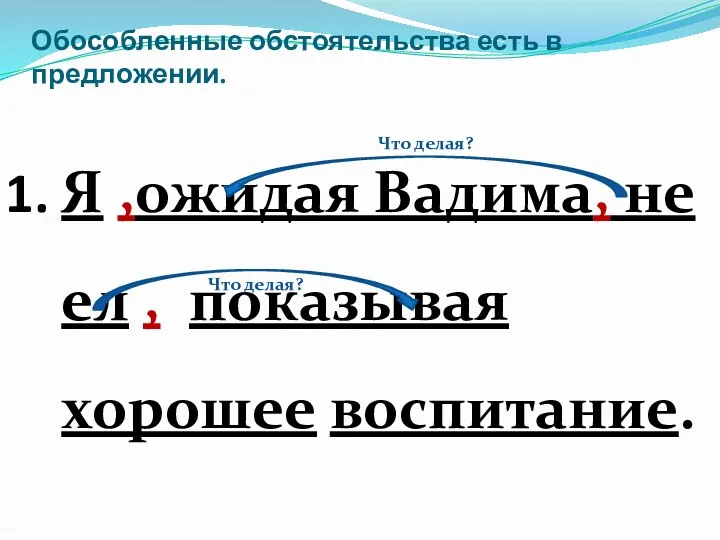 Обособленные обстоятельства есть в предложении. Я ,ожидая Вадима, не ел