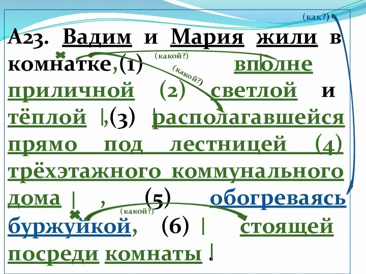 (как?) А23. Вадим и Мария жили в комнатке,(1) вполне приличной