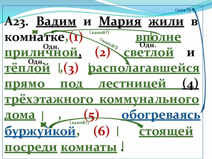 (как?) А23. Вадим и Мария жили в комнатке,(1) вполне приличной,