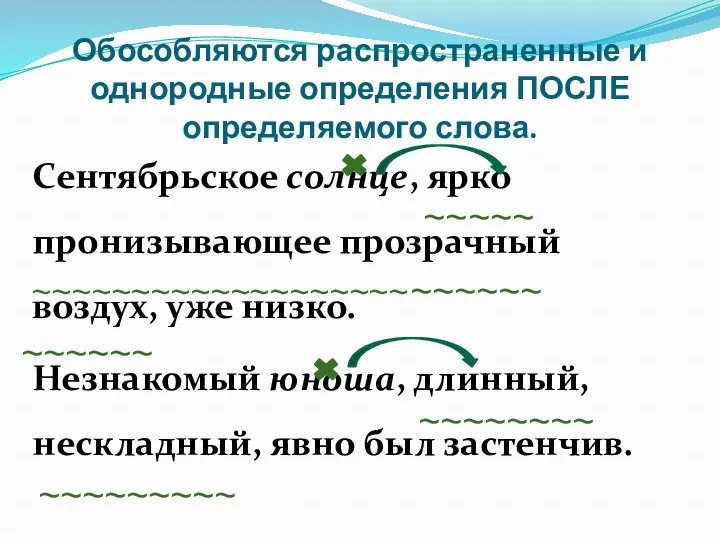 Обособляются распространенные и однородные определения ПОСЛЕ определяемого слова. Сентябрьское солнце,