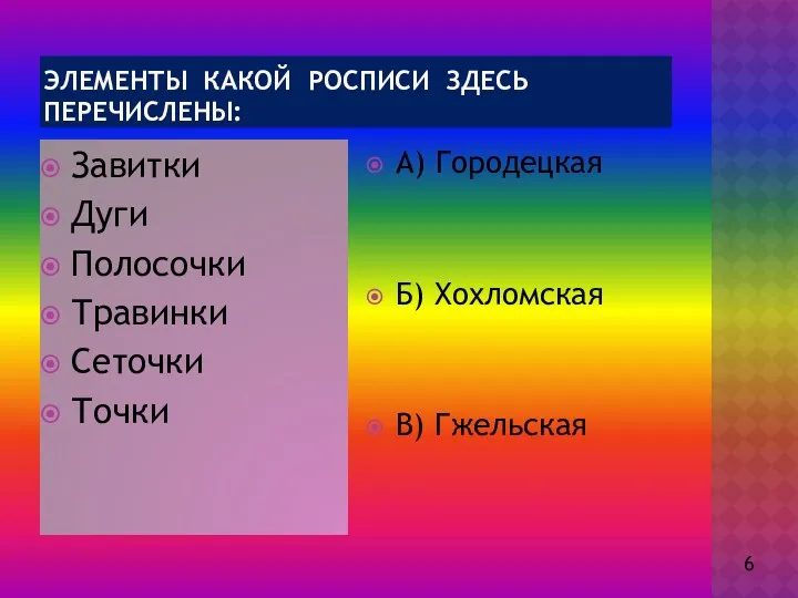 Элементы какой росписи здесь перечислены: Завитки Дуги Полосочки Травинки Сеточки Точки А) Городецкая